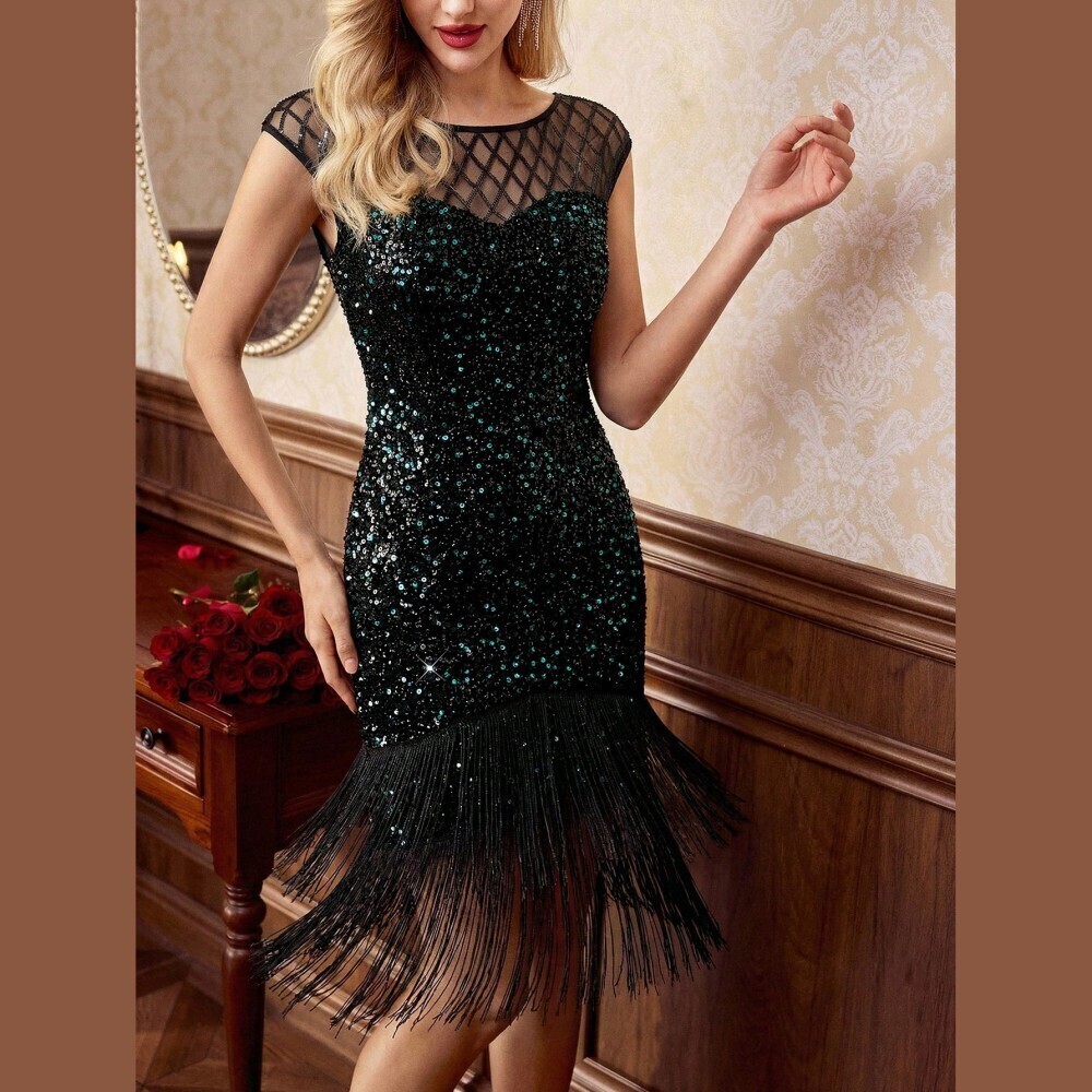 Black Sequin Fringe Flapper Dress with Mesh Illusion Neckline